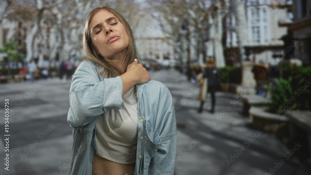 Fototapeta premium Woman holding neck in pain on busy city street with blurred pedestrians, benches, and bare trees; discomfort.