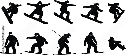 Snowboarder Silhouette Collection Performing Jumps and Tricks Isolated on White Background, Winter Sports Action Set for Extreme Snowboarding and Outdoor Adventure Design