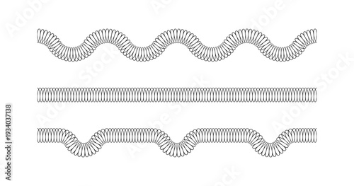 Spiral spring set. Metal wire coil spring icon collection. Thin zigzag waves symbol. Flexible coil shapes. Loop line seamless pattern. Vector illustration isolated on white background. 