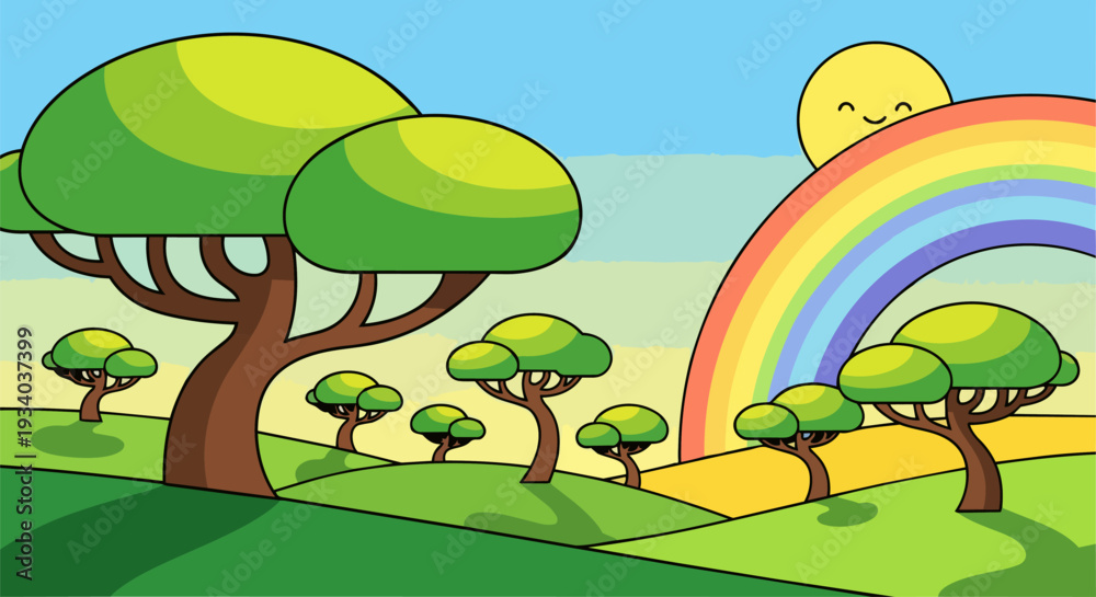 Fototapeta premium A vibrant rainbow arches over lush green trees in a serene landscape viewed from a distance