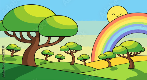 A vibrant rainbow arches over lush green trees in a serene landscape viewed from a distance