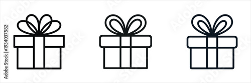 Three stylized gift box icons with bows in black outline and solid fill present symbol