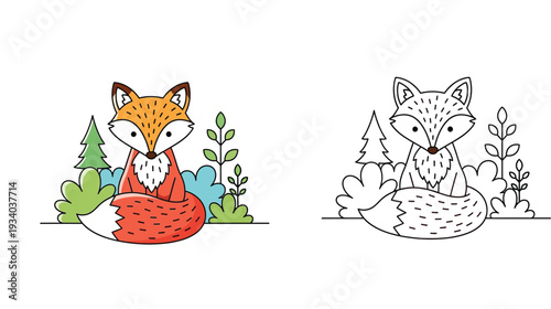 Cute cartoon fox in forest coloring page illustration, featuring a vibrant colored version and a clean black and white outline template for kids activity books.
