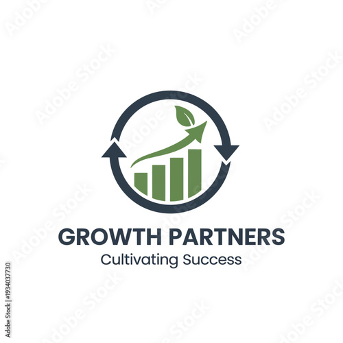Green and blue circular with upward trending bar graph and leaf symbol representing growth partners