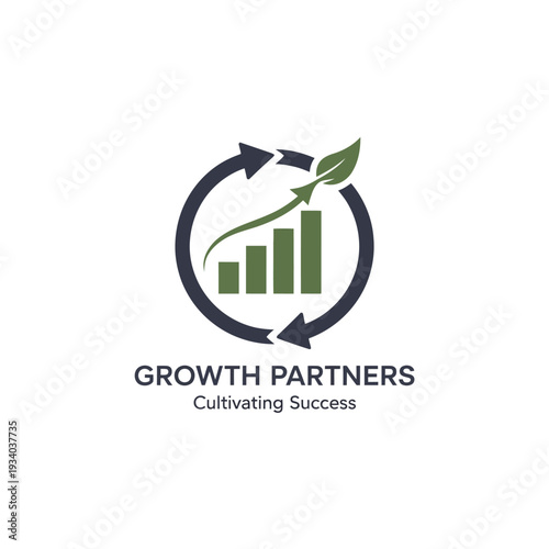 Green and blue circular with growing bar chart and leaf symbolizing growth partners