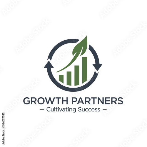 Green leaf and bar graph inside a circular arrow with Growth Partners text below