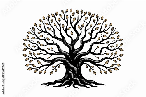 Intricate black and gold ancient tree with detailed branches and leaves