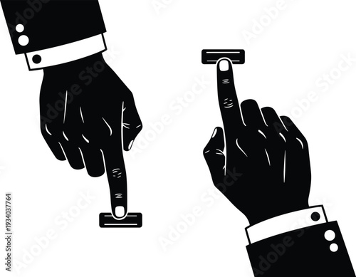 Hands pressing buttons silhouettes illustration vector interaction device control graphics, user interface design concept, black and white creative art collection