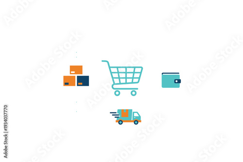 E-commerce icons set in flat design with blue and orange colors on white background for online shopping