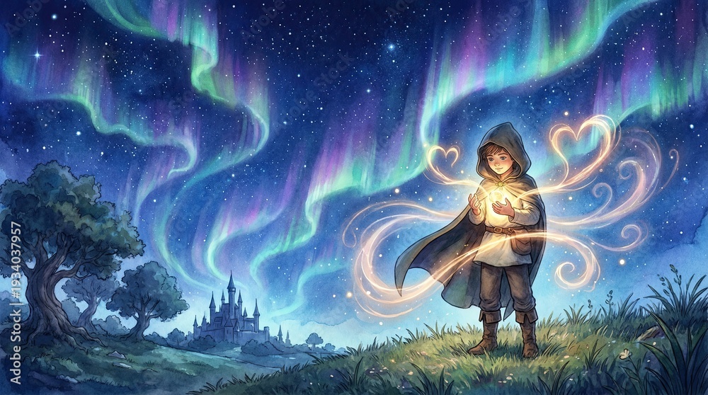 Naklejka premium Illustration of man-like boy gazing at stars with flicker of hope and love concept. A magical scene of a child under the northern lights, casting spells.