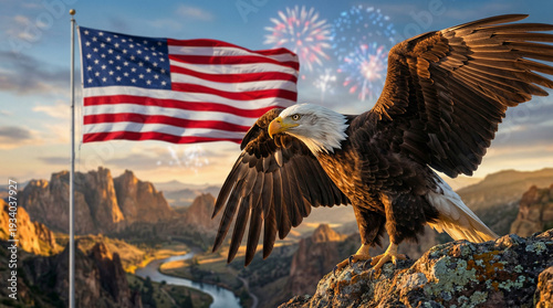 Bald Eagle and American Flag with Fireworks Celebration for Fourth of July