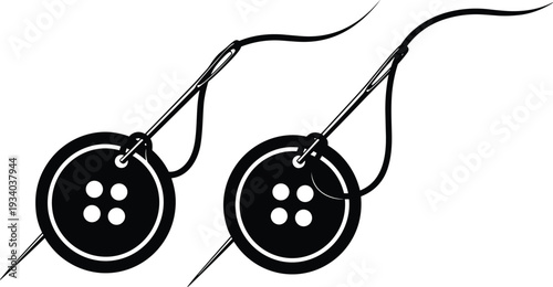 Sewing buttons needle thread silhouettes illustration vector garment repair fashion clothing graphics, tailoring design concept, black and white creative art collection