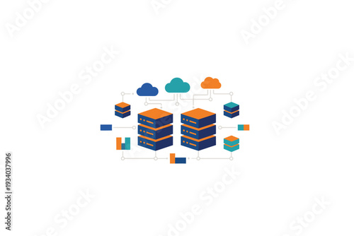 Cloud Computing Servers in Modern Data Center with Blue and Orange Interface Elements in Soft Gradient Lighting for IT Infrastructure