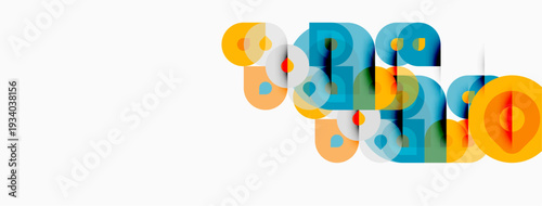 Abstract colorful shapes overlap, creating dynamic visual composition. Bright hues contrast against white background. Modern design.