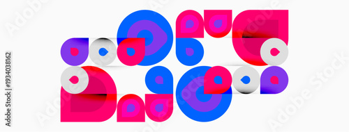 Abstract geometric shapes, pinks, blues create playful composition. Circles, squares overlap forming modern design.