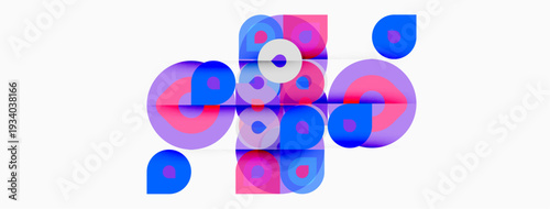 Abstract composition featuring overlapping circles, squares. Pink, blue hues dominate design, creating modern aesthetic. Minimalist style.