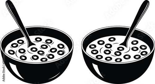 Cereal breakfast food bowls silhouettes illustration vector nutrition milk spoon graphics, healthy eating design concept, black and white creative art collection