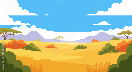 Serene savannah landscape with grass, trees, and distant mountains under a blue sky with white clouds