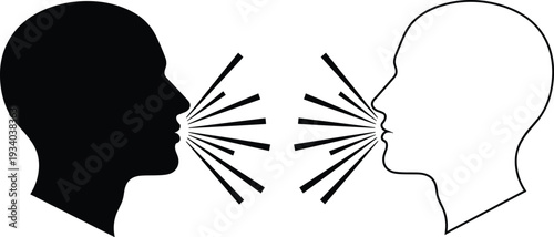 Dialogue communication conversation silhouettes illustration vector human heads talking exchange graphics, speech design concept, black and white creative art collection