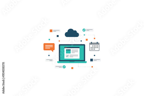 Laptop with cloud computing illustration in modern flat design with teal and orange colors on white background for technology advertising