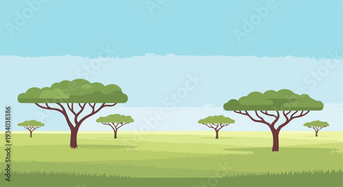 Serene landscape illustration featuring trees and grass in a peaceful savannah environment from a distant viewpoint