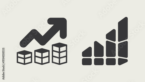 Minimal black line of growth chart and bar graph with cubes white flat