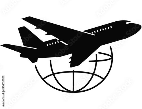 Minimalist black airplane over a globe white