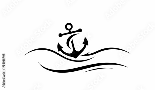 Minimalist black and white anchor symbol on wavy lines