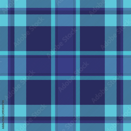 Christmas ornament seamless textile background, flowing fabric check tartan. Romance vector plaid texture pattern in blue and cyan colors.