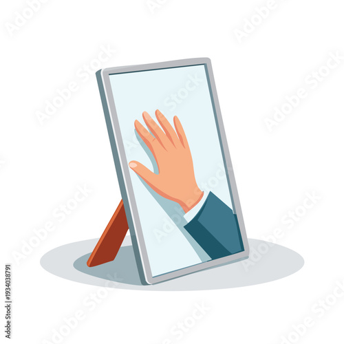 Hand pressing against the flat surface of a picture frame