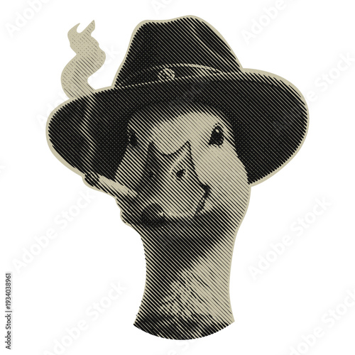Duck in fedora hat smoking cigarette, vintage mafia goose character portrait in retro halftone style
