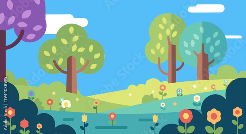 Serene landscape viewed from a distance with trees, flowers, and a blue sky, showcasing nature's beauty in a vibrant scene