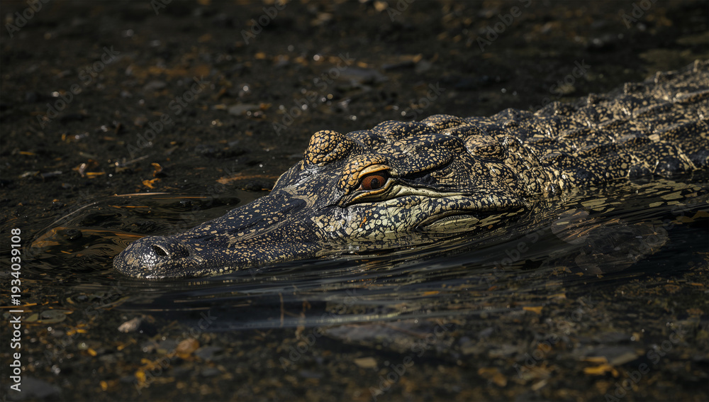 Obraz premium 光と影の境で静止するワニに潜む待機の気配