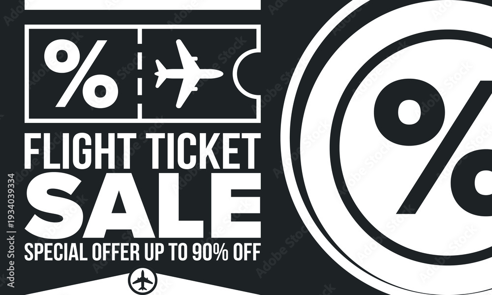 Obraz premium Flight Ticket Sale Promotional Banner with Airplane Icon and Up to 90 Percent Off Special Offer