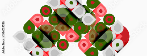 Abstract pattern features repeating circles, squares, rectangles. Colors include red, green, gray, white. Design appears geometric, modern.