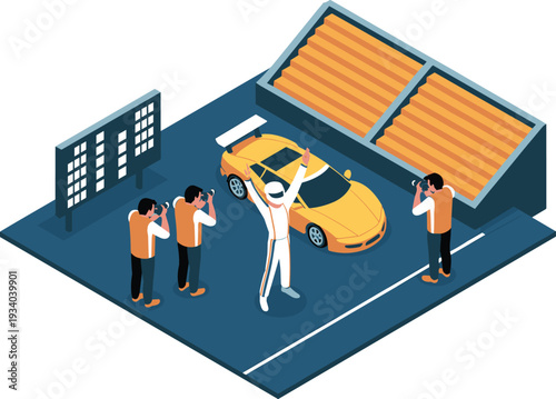 Isometric 3D racing driver celebrating victory beside sports car on racetrack with photographers and grandstand background