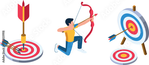 Isometric archery target practice with archer aiming bow and arrow, business goal achievement and success concept illustration