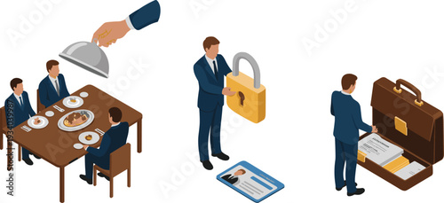 Isometric business concepts with corporate dining service, data security lock protection, and document management briefcase illustration