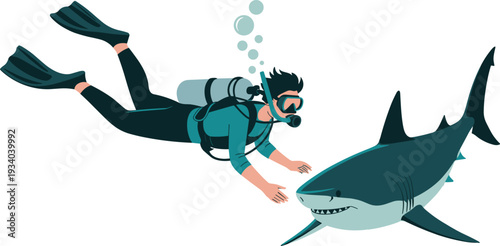 Isometric digital illustration of scuba diver encountering shark underwater, ocean wildlife adventure and marine exploration concept