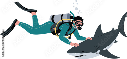 Isometric digital illustration of scuba diver swimming underwater with shark, marine adventure and ocean exploration concept