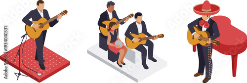 Isometric illustration of guitar musicians performing solo, trio band and mariachi artist with traditional costume