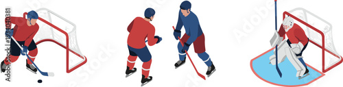 Isometric ice hockey players set with goalie, puck, and goal net, winter sport competition concept vector illustration