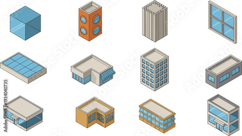 Set of 12 isometric 3D building icons including office, shop, apartment, warehouse and commercial structures illustration
