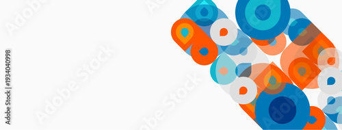 Abstract circles, squares overlap. Blue, orange hues dominate white background. Modern design element, simple geometry present.