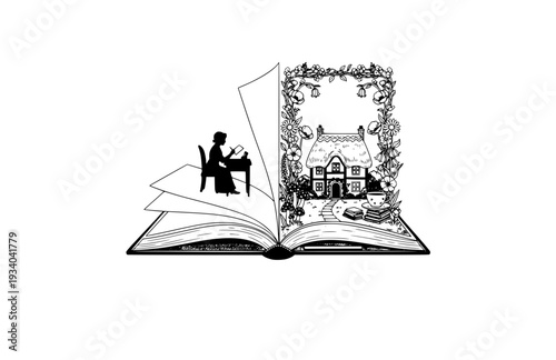 Jane Austen Writing Silhouette, Regency Literature Vector Sticker, Famous Author and Bookish Cottagecore Illustration