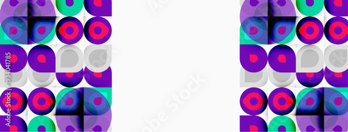 Geometric pattern features repeating circles, squares. Purple, teal, pink hues dominate design. White space provides contrast.