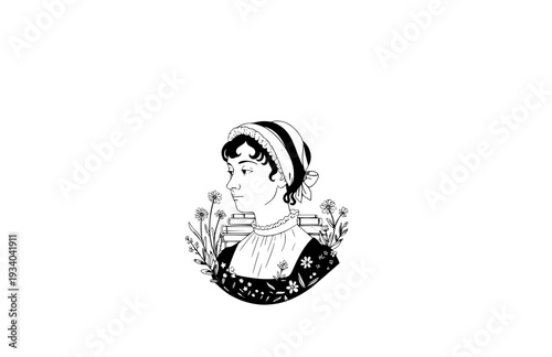 Jane Austen Writing Silhouette, Regency Literature Vector Sticker, Famous Author and Bookish Cottagecore Illustration