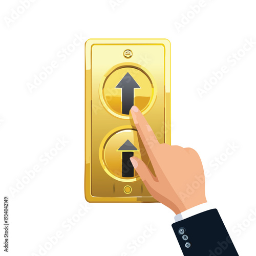 Person pressing elevator button on gold panel