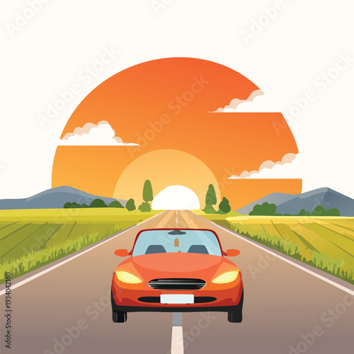 Red convertible on a road at sunset illustration