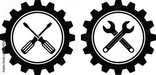 Gear tools maintenance silhouettes illustration vector engineering repair technical service graphics, mechanic design concept, black and white creative art collection